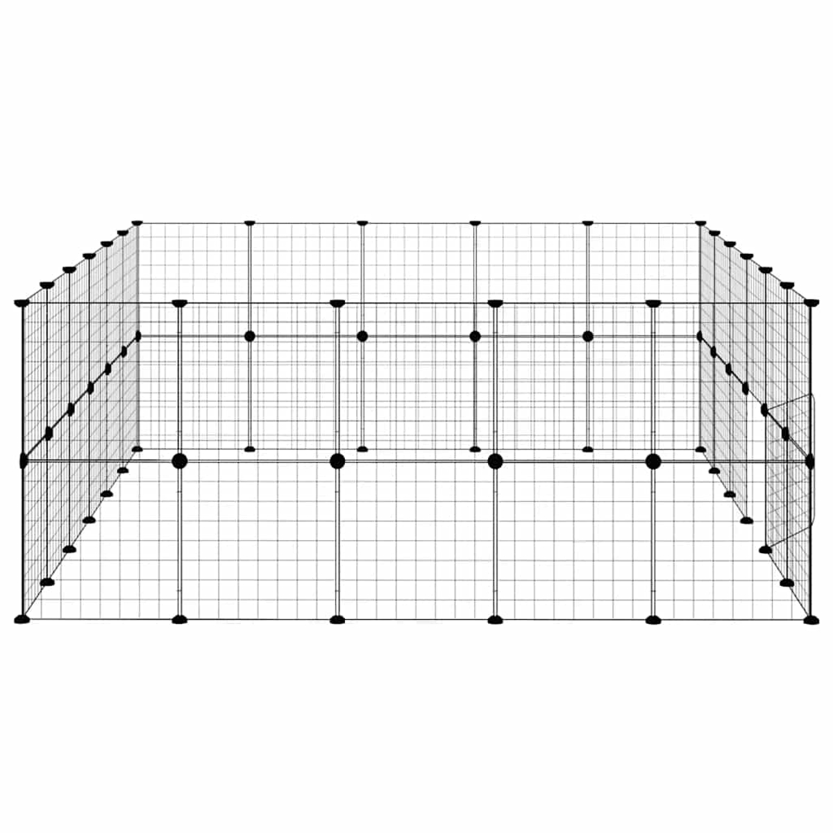 Ein rechteckiger Auslauf für Haustiere aus schwarzem Drahtgeflecht. Er hat vertikale und horizontale Drähte, die quadratische Gitter bilden. Die Verbinder sind schwarz.