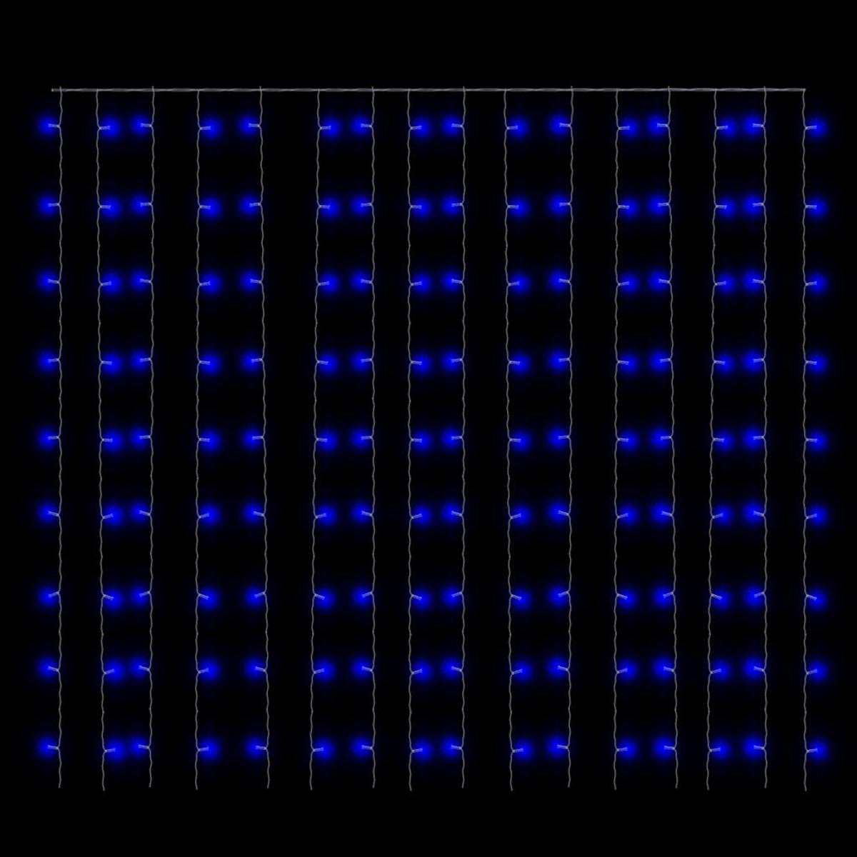 Ein Vorhang aus blauen LED-Lichtern auf schwarzem Hintergrund. Vertikale Lichtlinien hängen gleichmäßig verteilt.