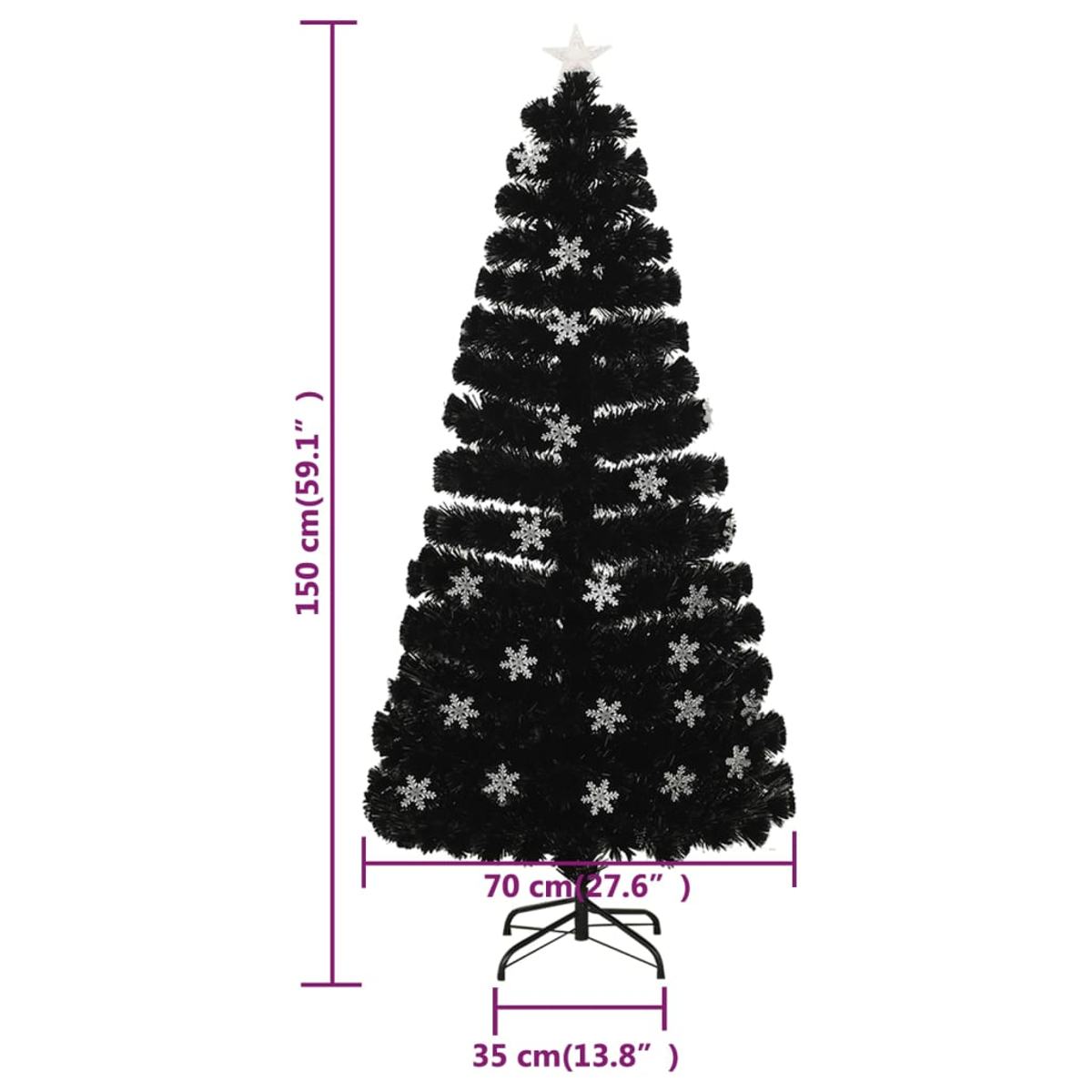 Ein schwarzer Weihnachtsbaum mit Schneeflockenornamenten und einem Stern oben. Maße: 150 cm, 70 cm, 35 cm.