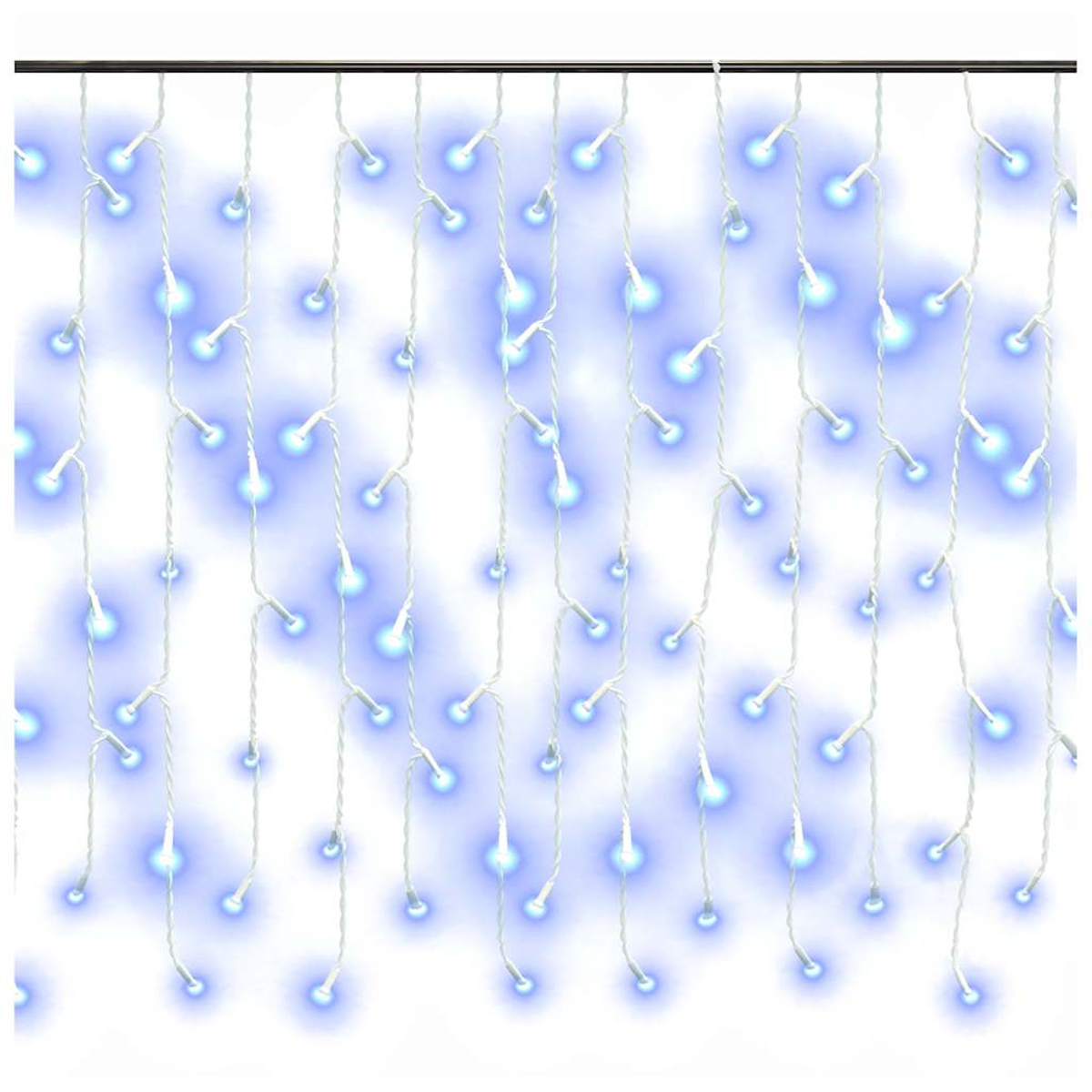 Ein Vorhang aus blauen LED-Lichtern, die an einer schwarzen Stange hängen. Jedes Licht befindet sich an einem weißen Draht.