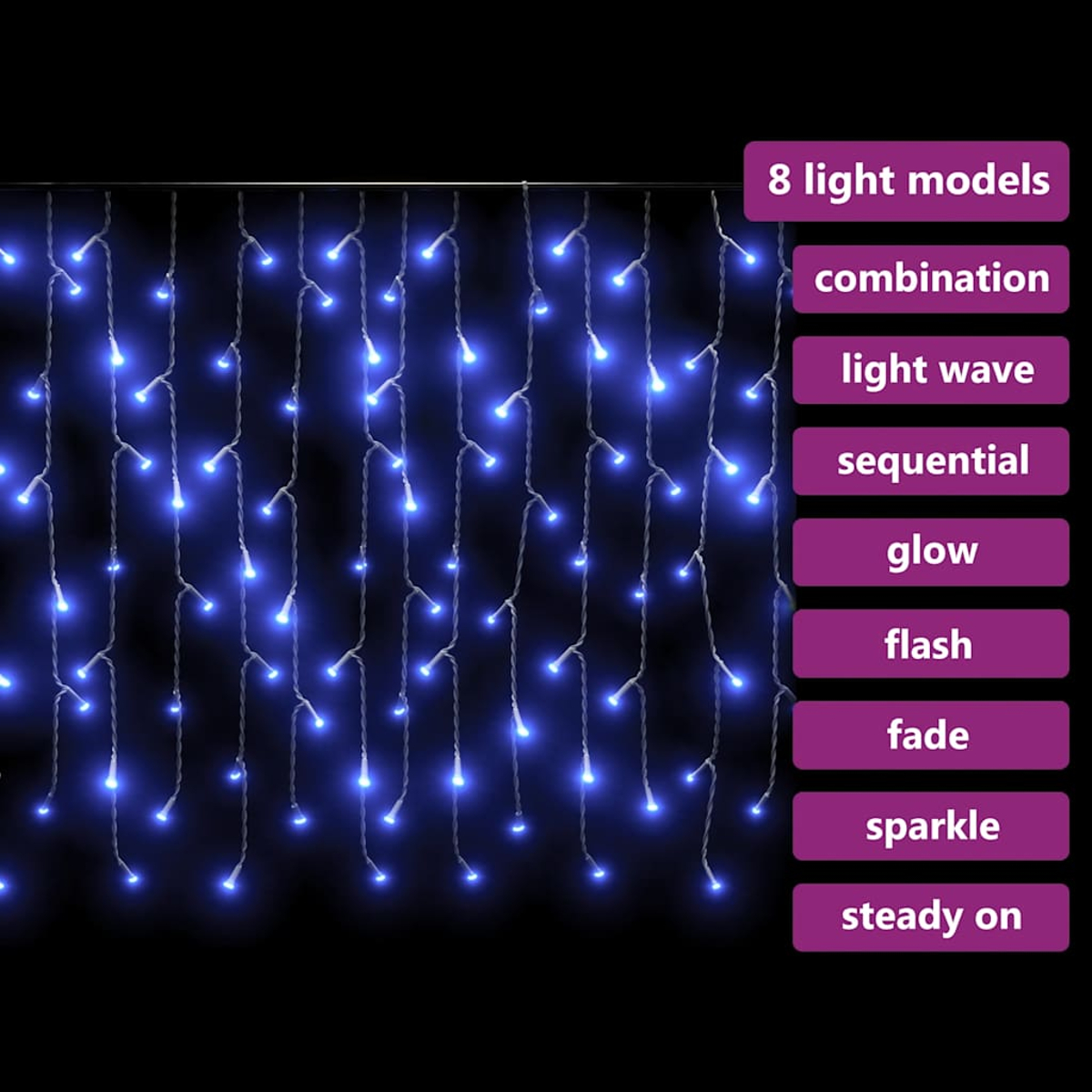 Blaue Lichterketten vor dunklem Hintergrund. Acht Lichtmodelle: Kombination, Lichtwelle, sequenziell, Glühen, Blinken, Ausblenden, Funkeln, Dauerlicht.