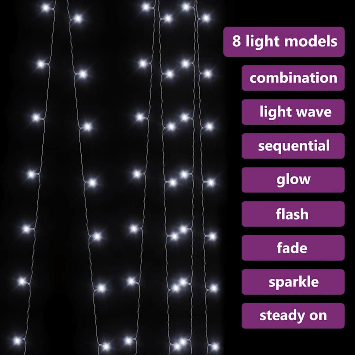 Lichterketten mit weißen LEDs vor schwarzem Hintergrund. Listet 8 Lichtmodelle: Kombination, Welle, sequenziell, Glimmen, Blinken, Überblenden, Funkeln und Dauerlicht.