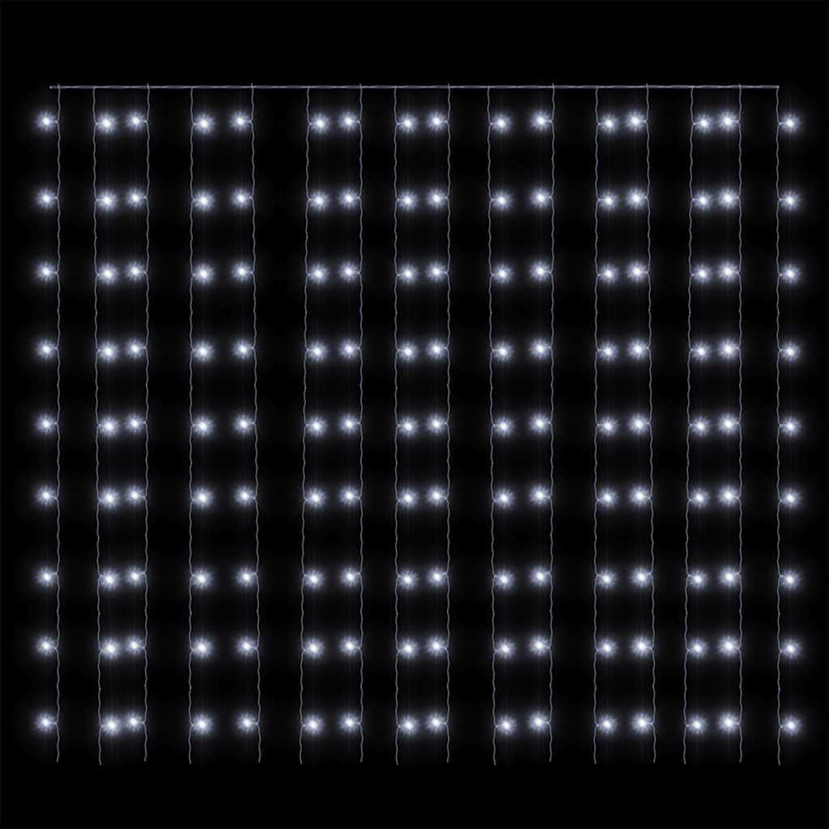 Ein Vorhang aus weißen LED-Lichtern vor schwarzem Hintergrund. Die Lichter sind in vertikalen Reihen angeordnet.