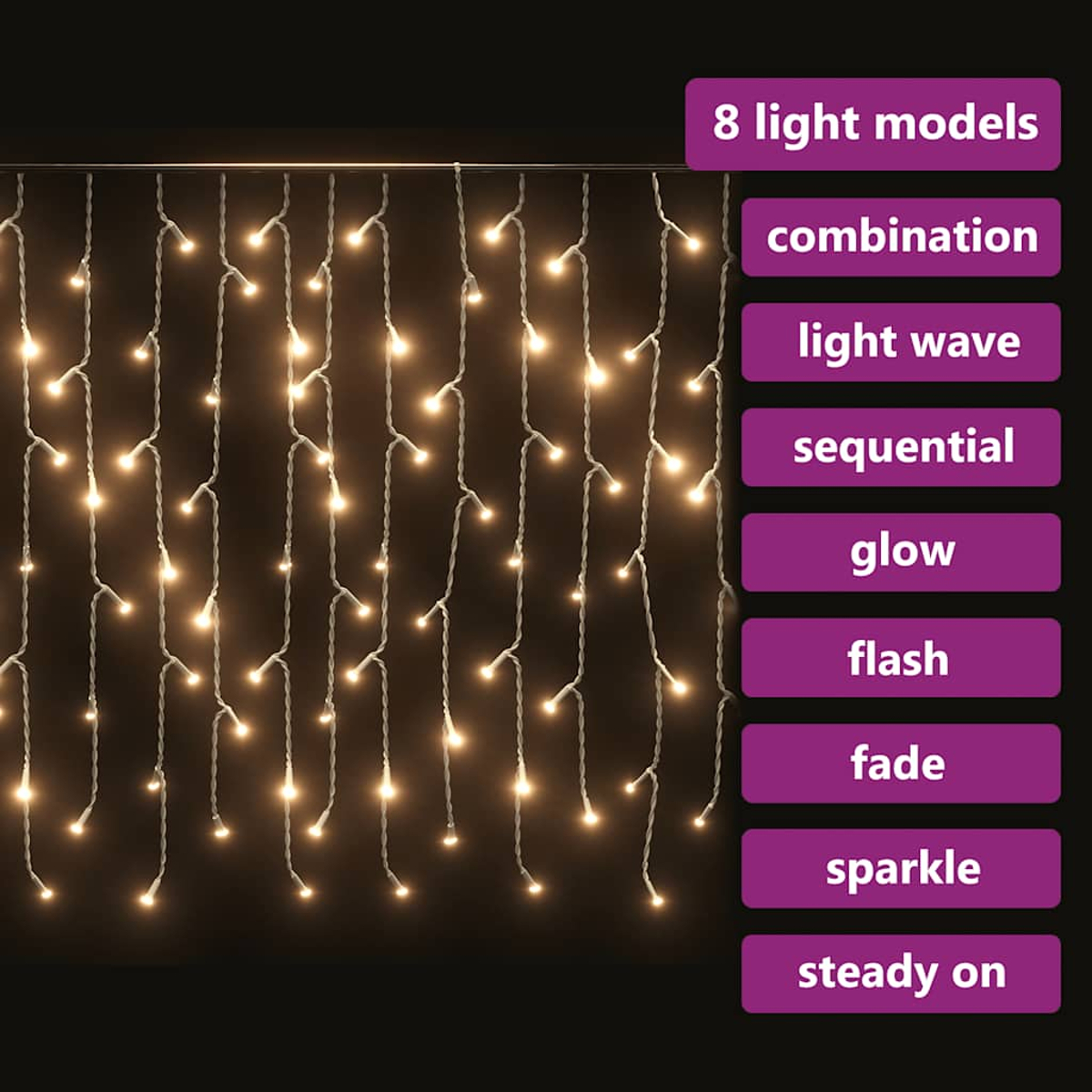 Lichterketten mit 8 Lichtmodellen auf schwarzem Hintergrund. Optionen umfassen Kombination, Lichtwelle, sequentiell, Glimmen, Blinken, Überblenden, Funkeln und Dauerlicht.