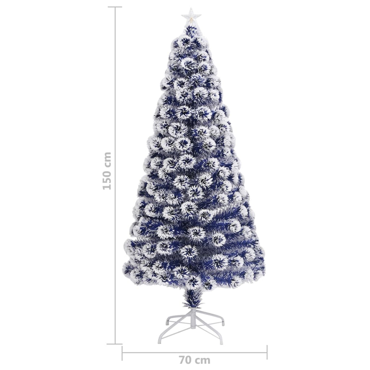 Ein blau-weißer Weihnachtsbaum mit einem Stern. Der Baum ist 150 cm hoch und 70 cm breit.