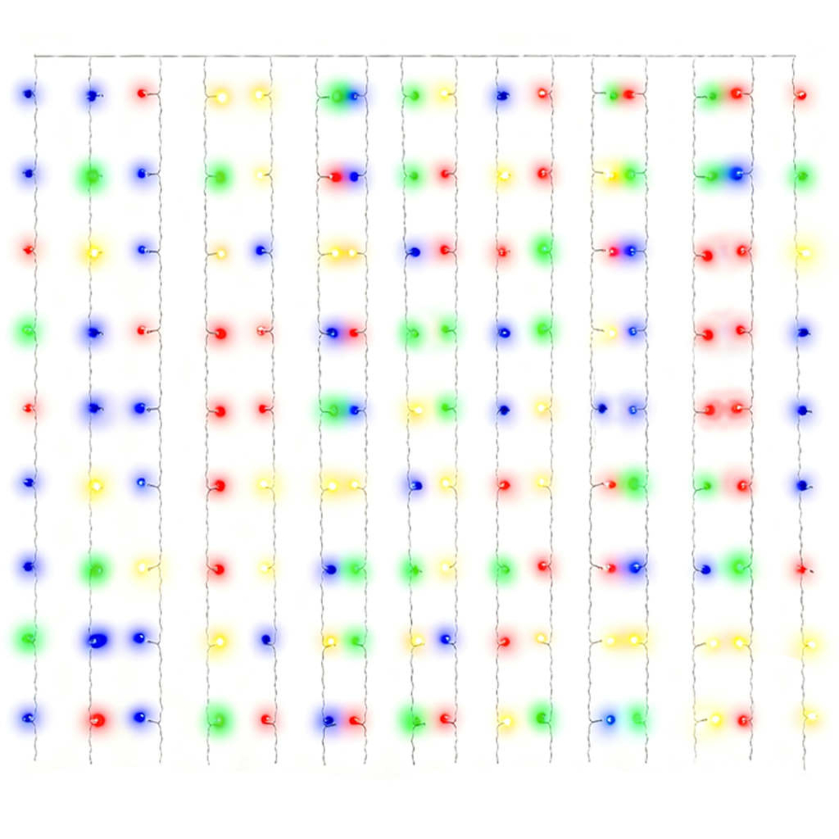 Eine Lichterkette mit Weihnachtsbeleuchtung. Farben: Rot, Grün, Gelb und Blau. Die Lichter sind in vertikalen Linien auf weißem Hintergrund.