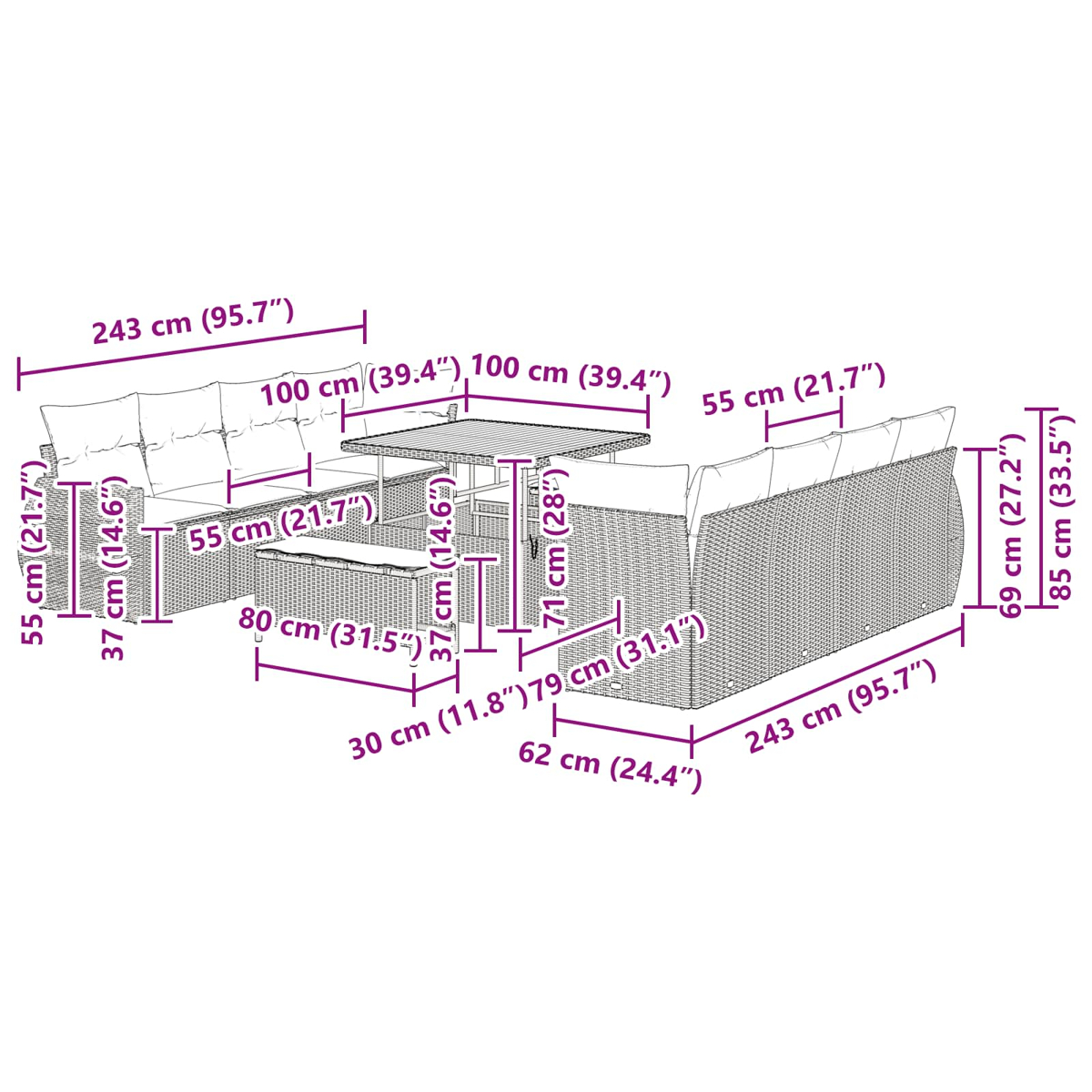 Ein Diagramm zeigt ein Rattan-Gartenmöbelset mit Maßen. Enthält ein Sofa, einen Tisch und Stühle.