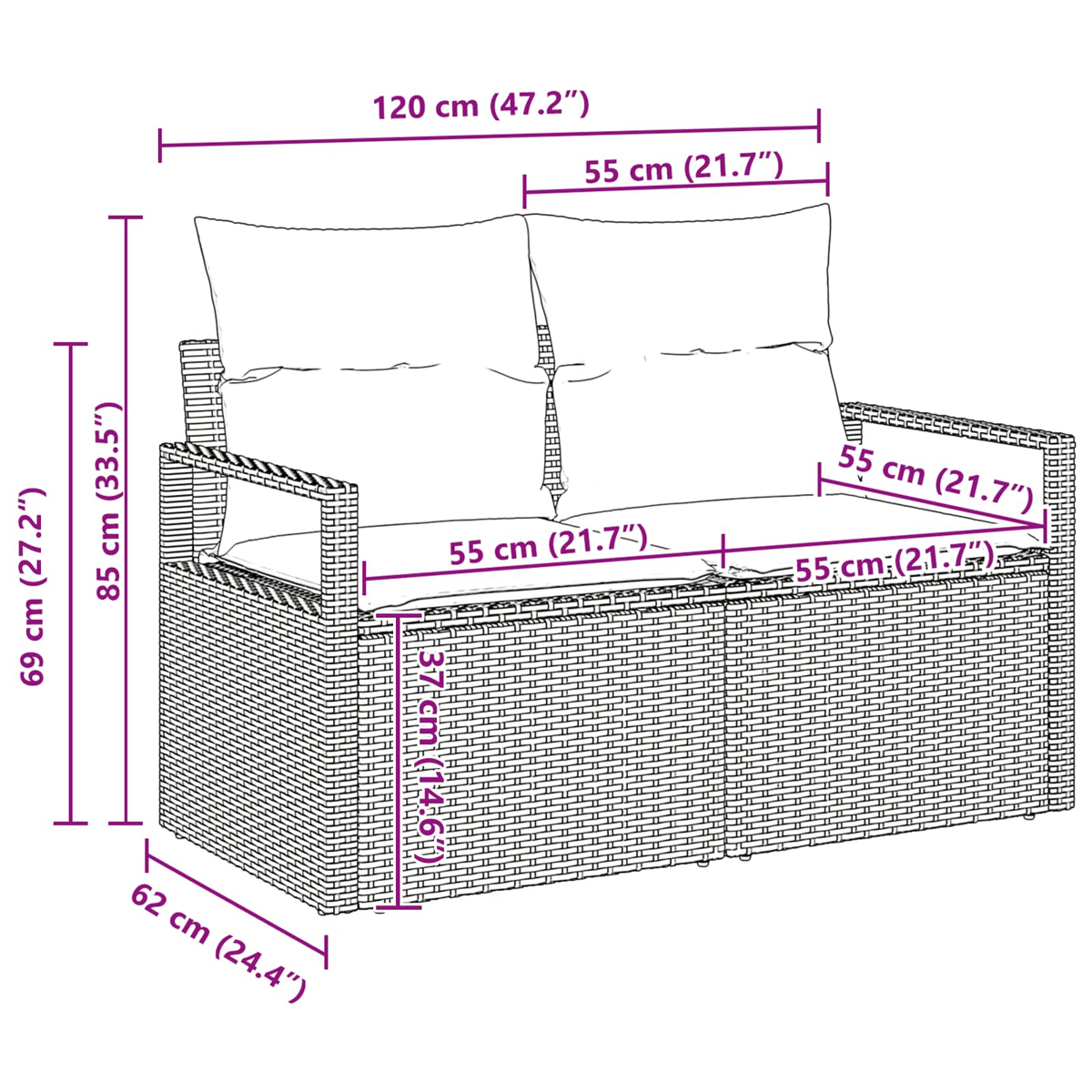 Ein geflochtenes Outdoor-Sofa mit Maßangaben. Es hat Kissen und Armlehnen. Das Sofa ist braun. Maße sind angegeben.
