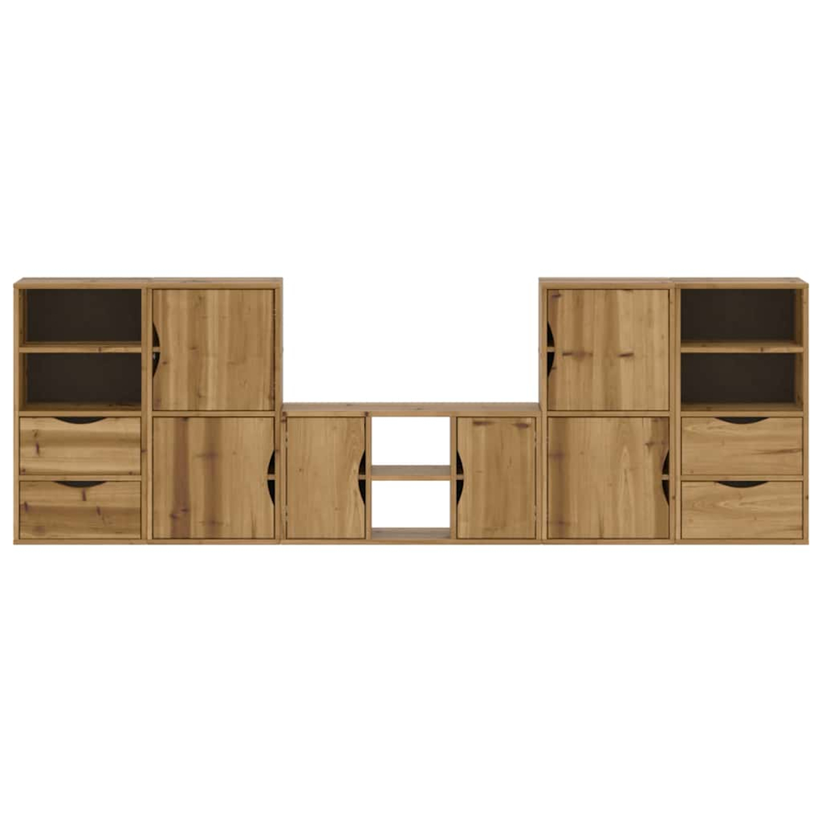 Holzschrank mit mehreren Fächern. Es hat Schubladen, Regale und Türen. Die Farbe ist hellbraun.