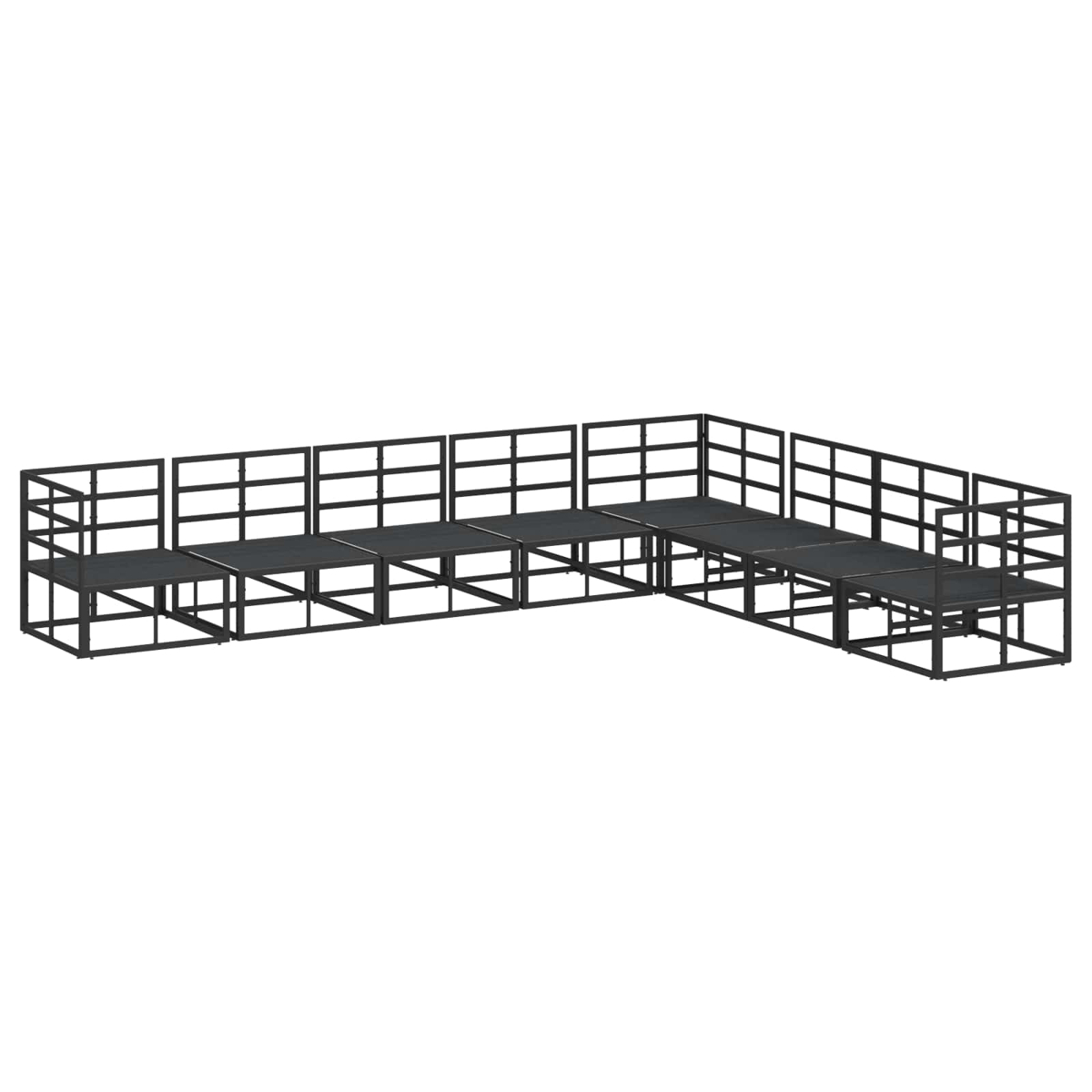 Una struttura a telaio metallico nero a forma di L. Sembra essere una piattaforma modulare, con diverse sezioni collegate. Sfondo bianco.