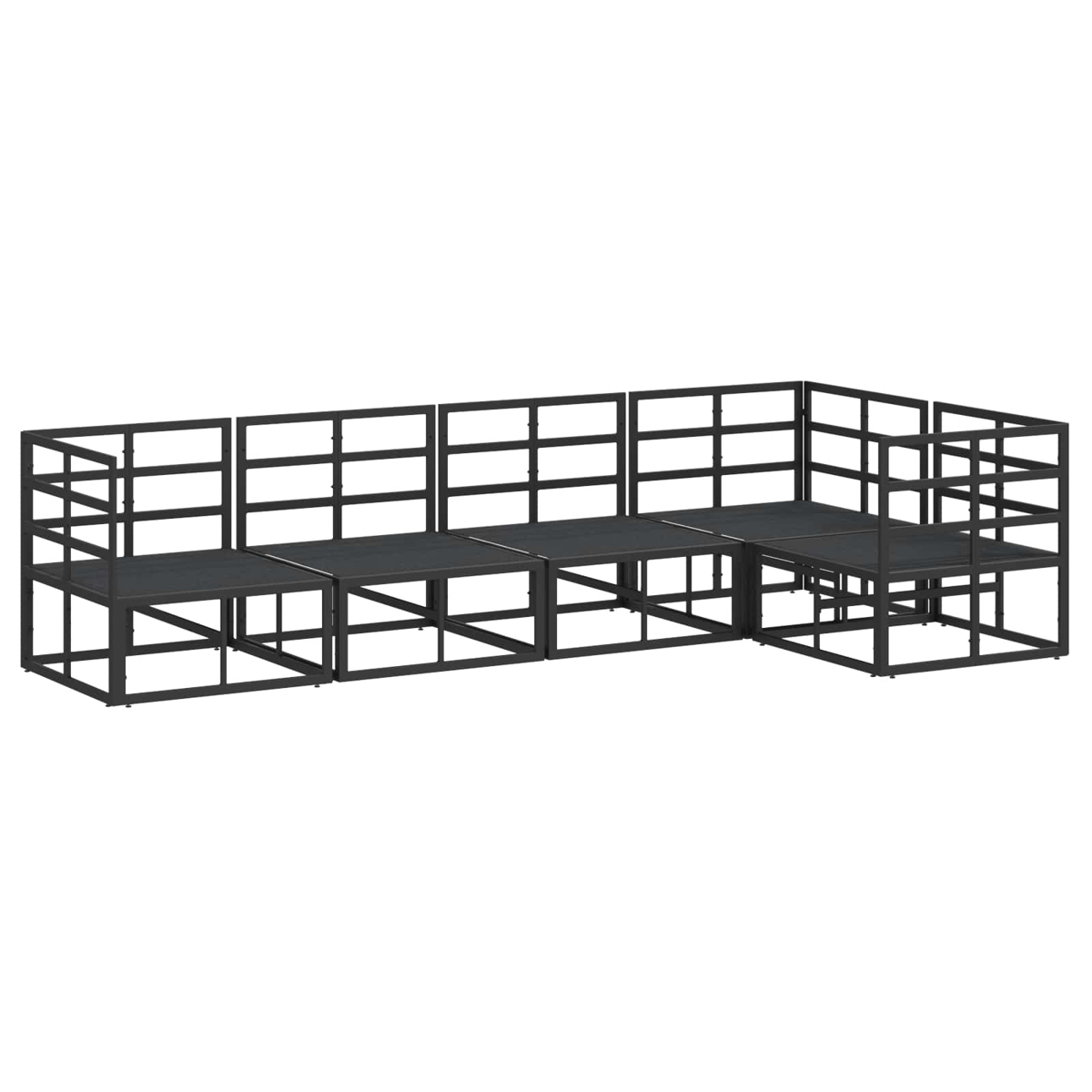 Ein modulares Outdoor-Sofa aus schwarzem Metall. Es hat mehrere Abschnitte in einer Eckkonfiguration vor weißem Hintergrund.