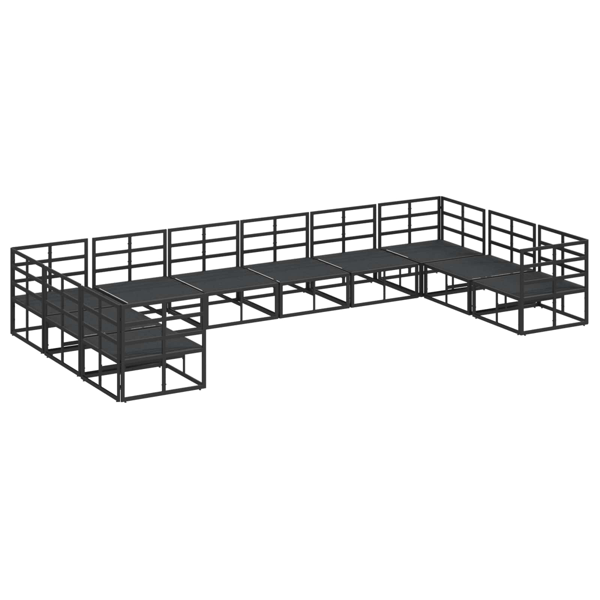 Eine dunkelgraue modulare Struktur mit mehreren Plattformen und Geländern. Sie hat ein U-förmiges Design, aus Metallrahmen gefertigt.
