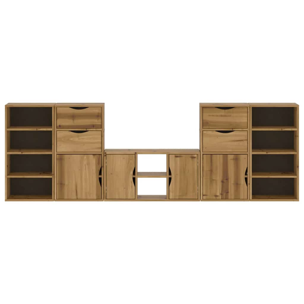 Modulares Holzmöbelset mit Schränken, Schubladen und offenen Regalen. Hellbraune Farbe, horizontal angeordnet.