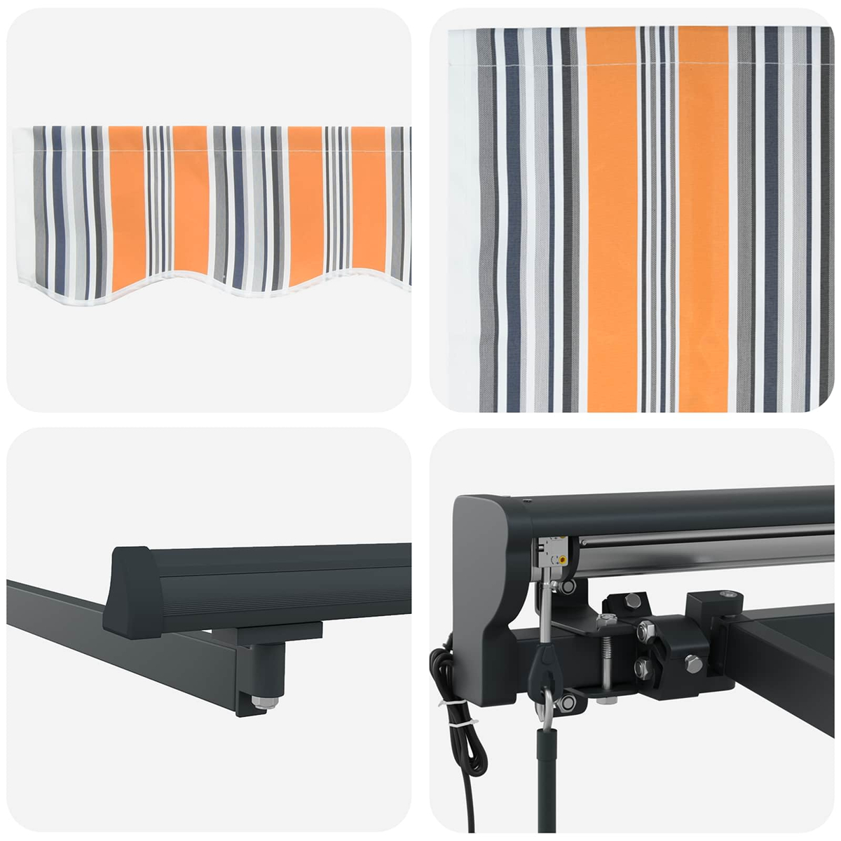 Markisen mit orangefarbenen, weißen, grauen und blauen Streifen sind zu sehen. Der Metallrahmen und der Mechanismus sind ebenfalls als Nahaufnahme dargestellt.