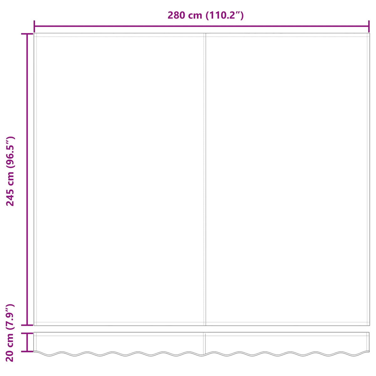 Eine schematische Darstellung eines Schranks mit Abmessungen. Der Schrank ist in zwei Teile geteilt. Etiketten zeigen Höhe, Breite und Tiefe in cm und Zoll.