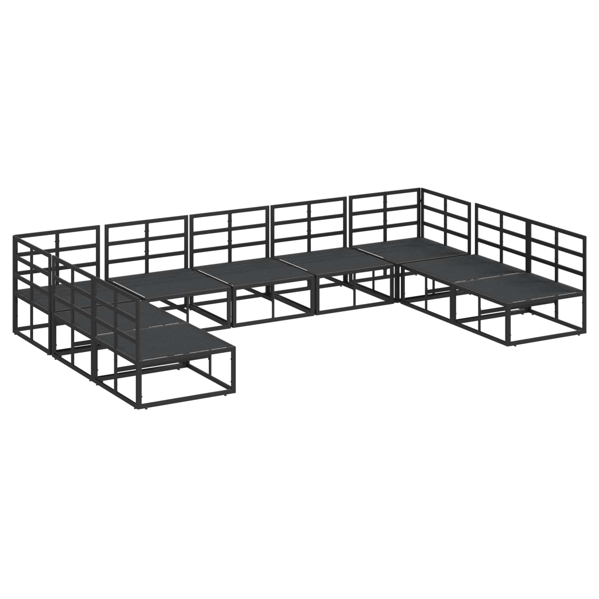 Eine U-förmige Bühnenstruktur mit schwarzen Metallrahmen und dunkelgrauen Plattformen. Sie hat Geländer und Stufen.
