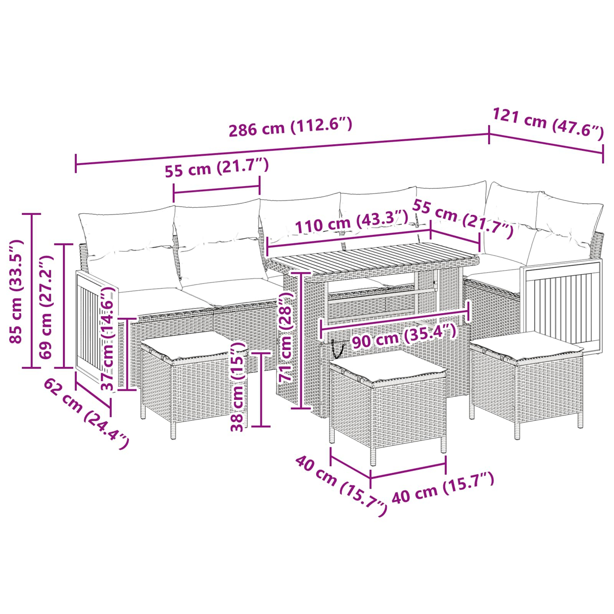 Gartenmöbelset mit Maßangaben in cm und Zoll. Enthält Tisch, Sofa und Hocker, alle aus gewebtem Material.