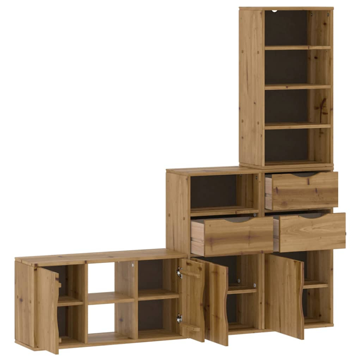 Modulare Holzmöbel mit Regalen, Schubladen und Schränken. Einige Türen und Schubladen sind offen. Hellbraune Farbe.
