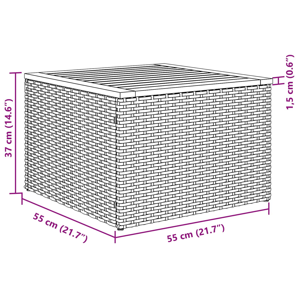 Eine quadratische gewebte Box mit den Maßen: 55 cm (21,7") an jeder Seite und 37 cm (14,6") hoch. Der Deckel ist 1,5 cm (0,6") dick.