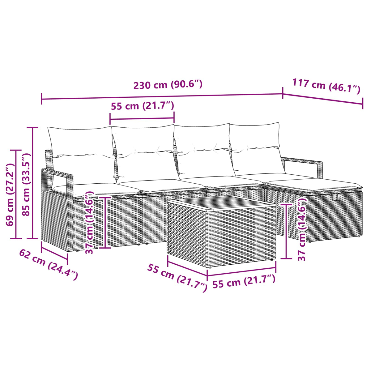 Ein geflochtenes Outdoor-Sofaset mit Kissen und einem passenden quadratischen Couchtisch. Abmessungen sind in cm und Zoll angegeben.