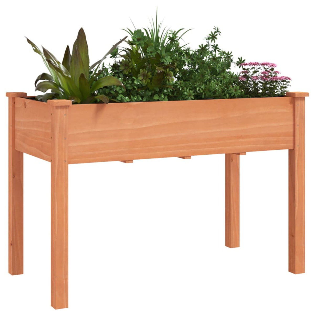 Eine erhöhte Holzpflanzkiste, gefüllt mit verschiedenen grünen Pflanzen und rosa Blumen. Sie wird von vier Holzbeinen getragen.