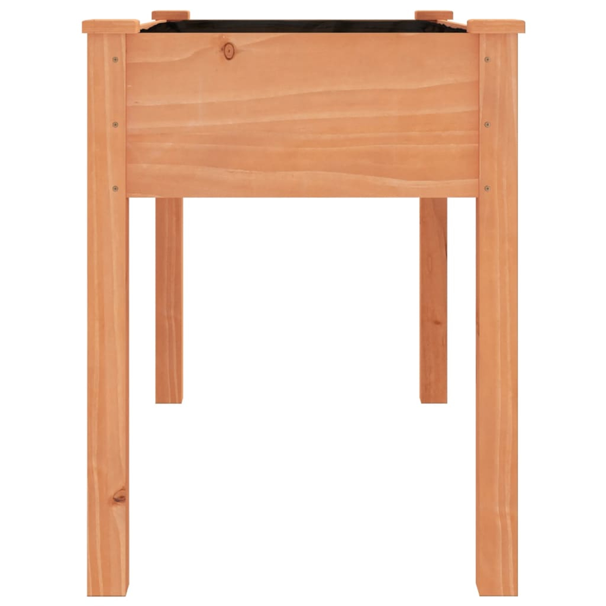 Ein hölzernes Hochbeet. Es hat vier Beine, eine rechteckige Kiste und ein schwarzes Innenteil. Das Holz ist hellbraun.