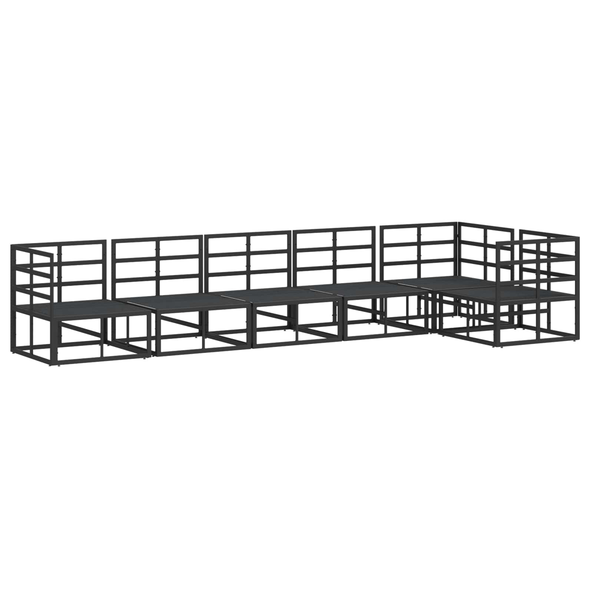 Un divano modulare in metallo nero con diverse sezioni collegate. Il divano ha un design moderno e minimalista, su sfondo bianco.