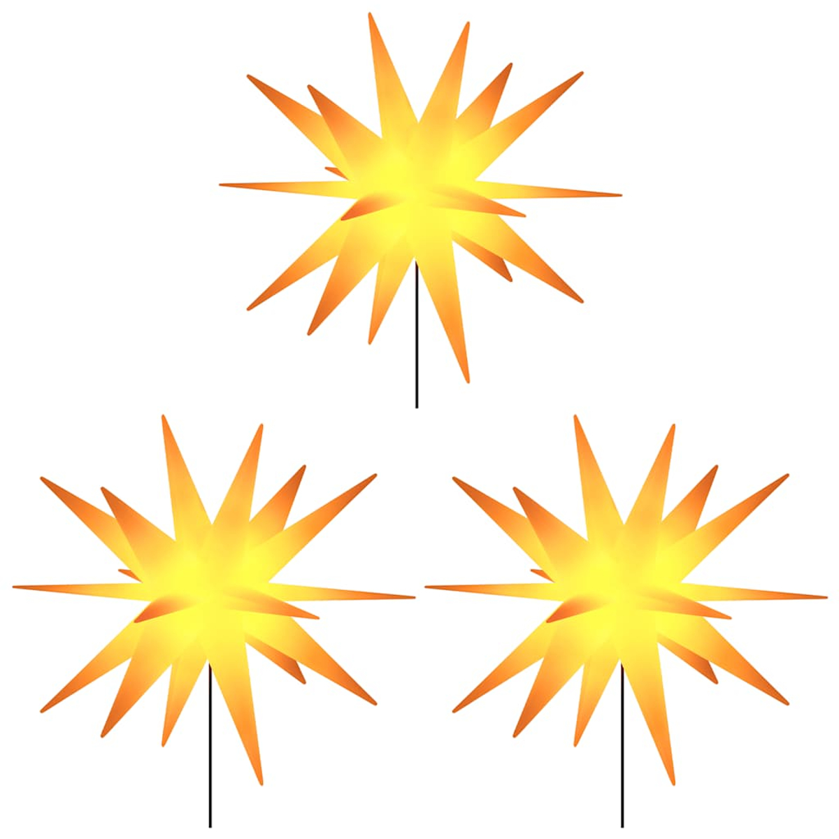 Drei stilisierte Sternverzierungen. Jeder Stern hat scharfe Spitzen und einen Farbverlauf von Gelb nach Orange. Sie stehen auf schwarzen Stielen.