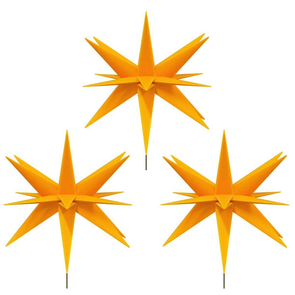 Drei orangefarbene Sternornamente mit mehreren Spitzen, jeweils an einem schwarzen Stiel, isoliert auf weißem Hintergrund.