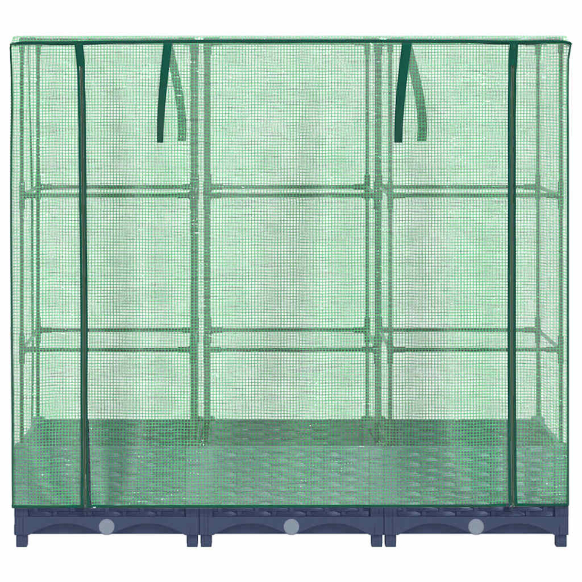 Una serra verde con una copertura a rete. Ha una base e un telaio blu scuro. La serra è divisa in più sezioni.