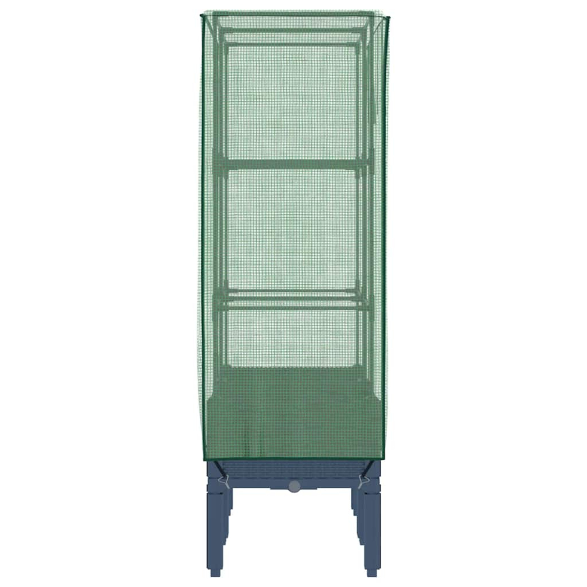 Una serra a rete verde, con tre ripiani, è su un supporto blu scuro con quattro gambe. Lo sfondo è bianco.