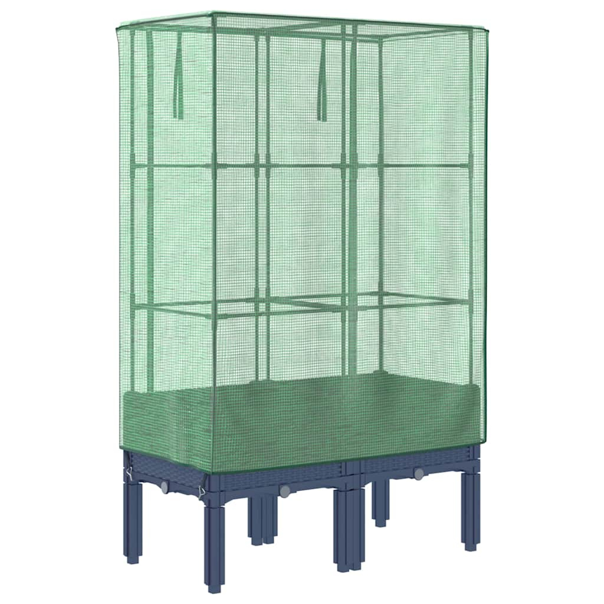 Una serra verde su una base blu con gambe. Ha una copertura a rete e una forma rettangolare, progettata per il giardinaggio.