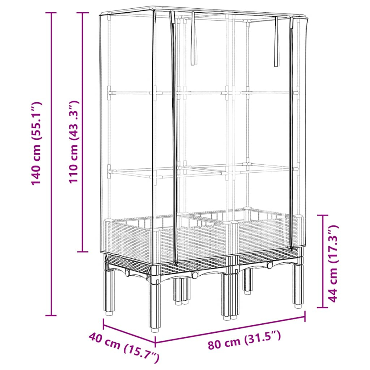 Una serra con dimensioni. Ha una base rettangolare con gambe, un motivo intrecciato e una copertura trasparente.