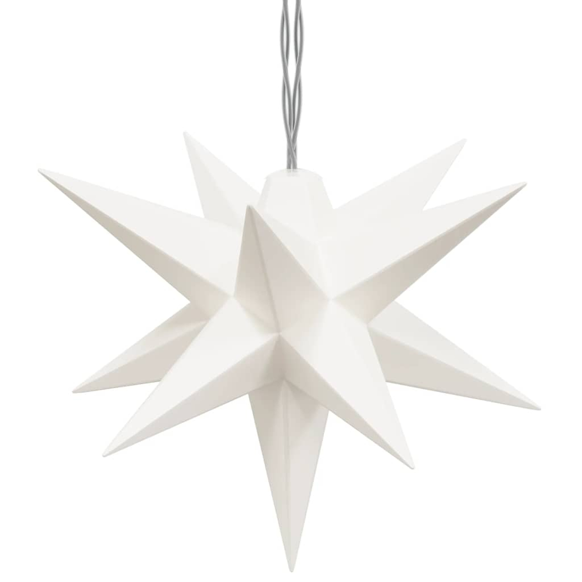 Ein weißes, sternförmiges Ornament, das an einem grauen Kabel hängt. Der Stern hat mehrere Spitzen und ein klares, minimalistisches Design.