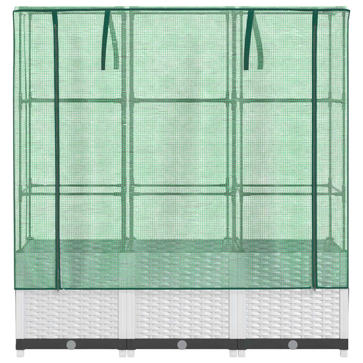 Una serra verde con base bianca intrecciata. Ha tre scomparti con ripiani e una copertura a rete verde.