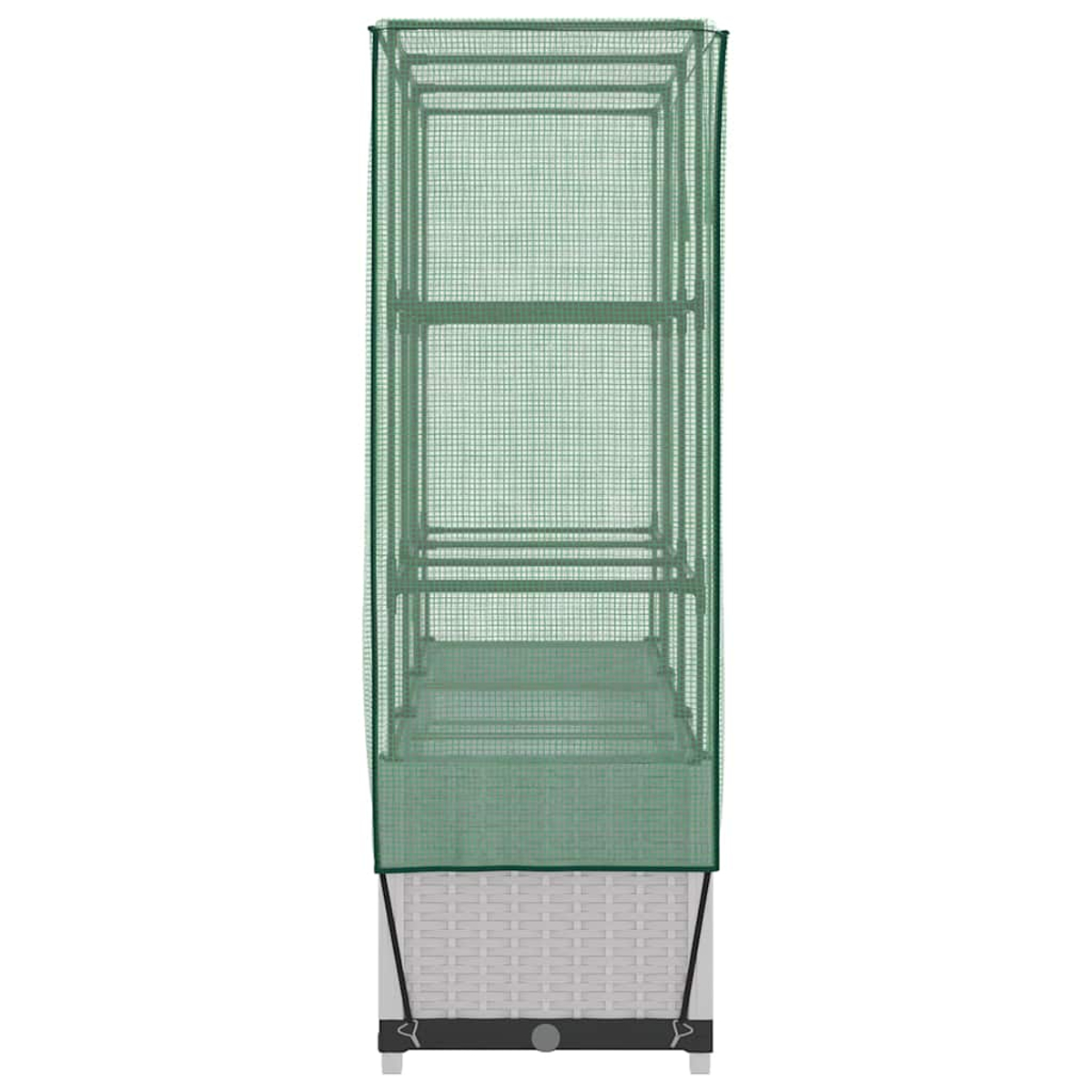 Una serra per piante verde con ripiani, coperta da una rete verde, poggia su una base bianca intrecciata e gambe nere.