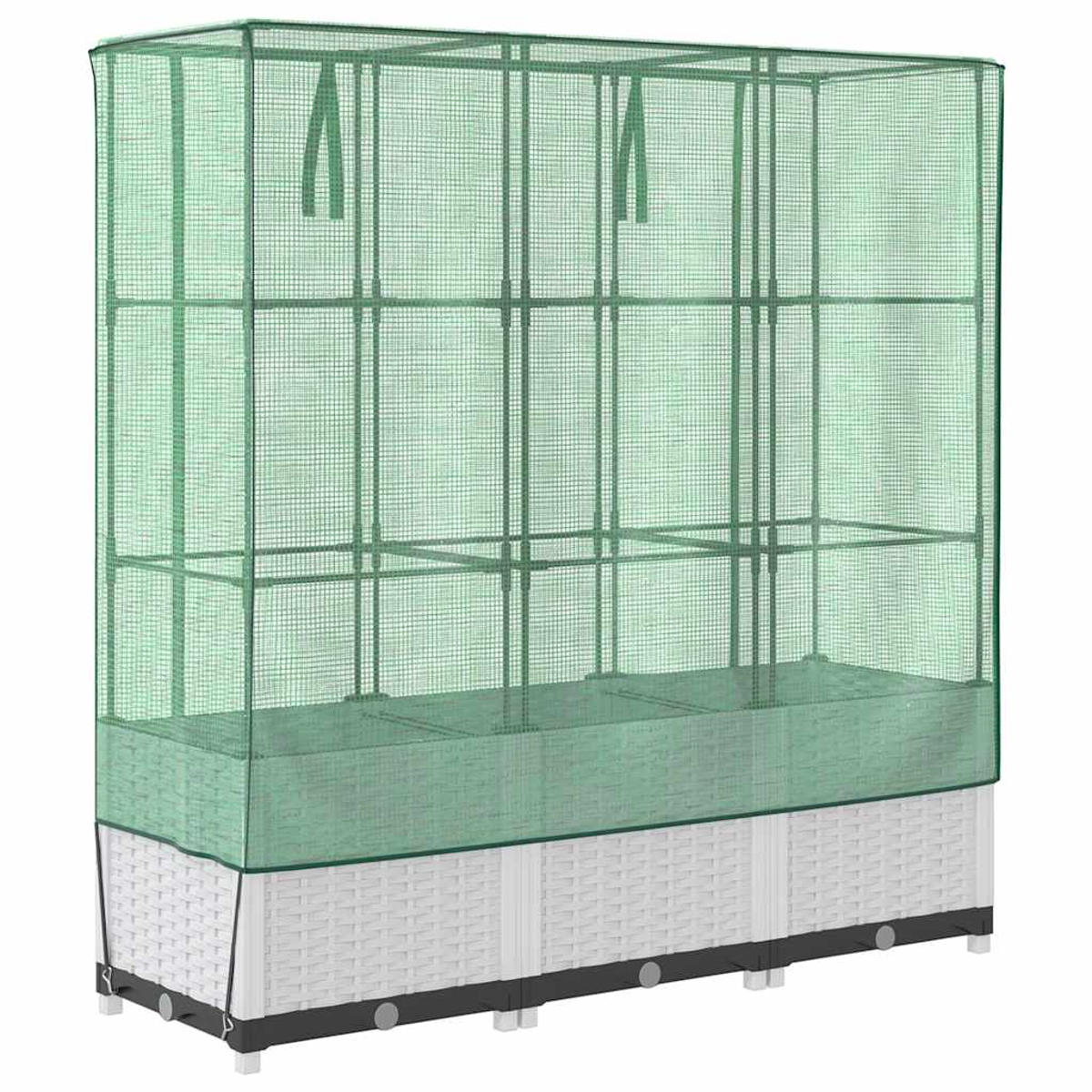 Una serra a rete verde con base in vimini bianco, con ripiani all'interno. La struttura è rettangolare, con cerniera e cinghie.