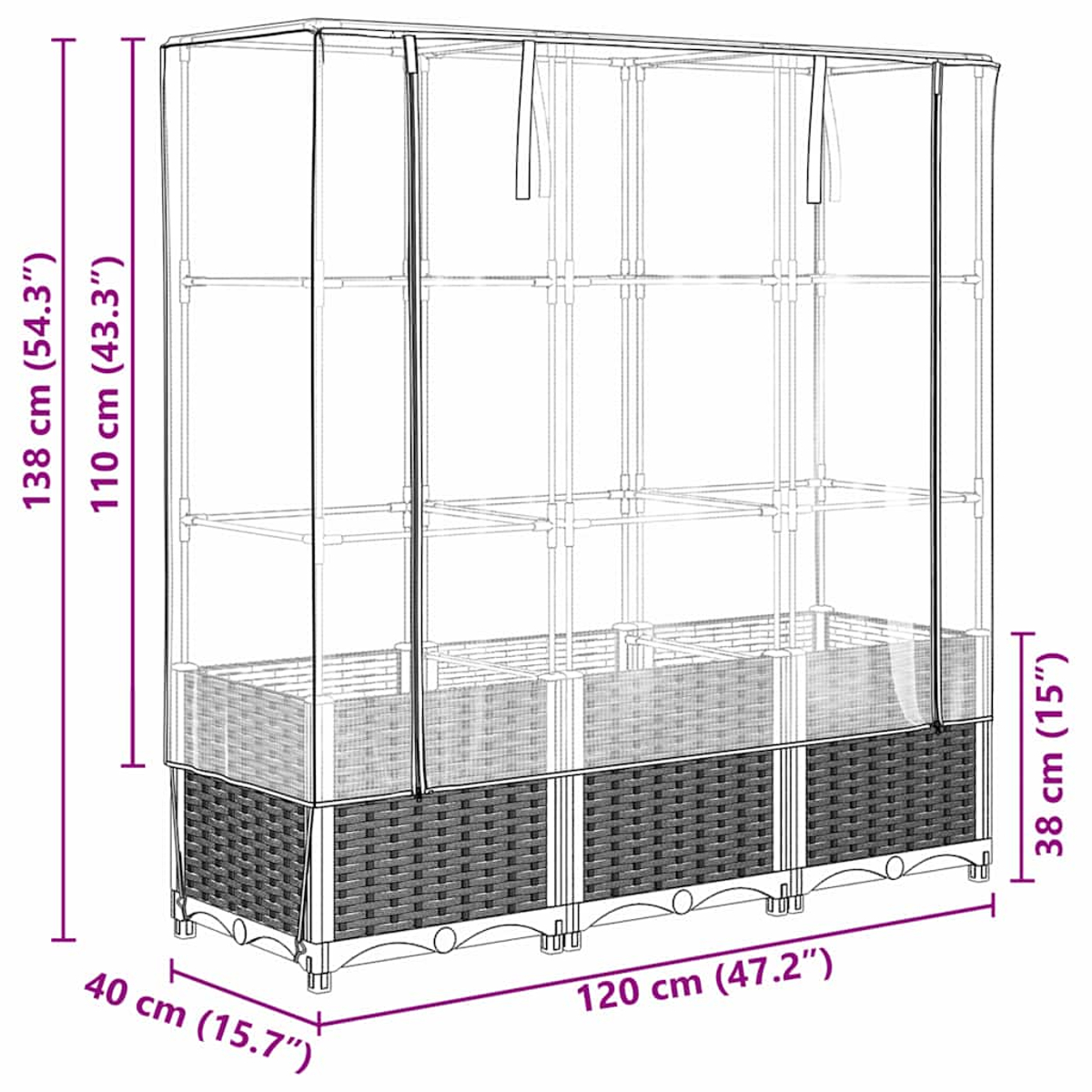 Struttura di serra con dimensioni. Base intrecciata e copertura in plastica trasparente. Misure in cm e pollici.