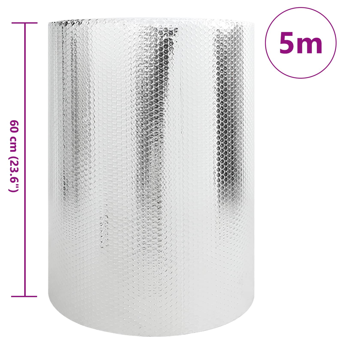 Un rotolo di materiale isolante argentato. Una linea viola indica 60 cm (23,6") e un cerchio indica 5 m.