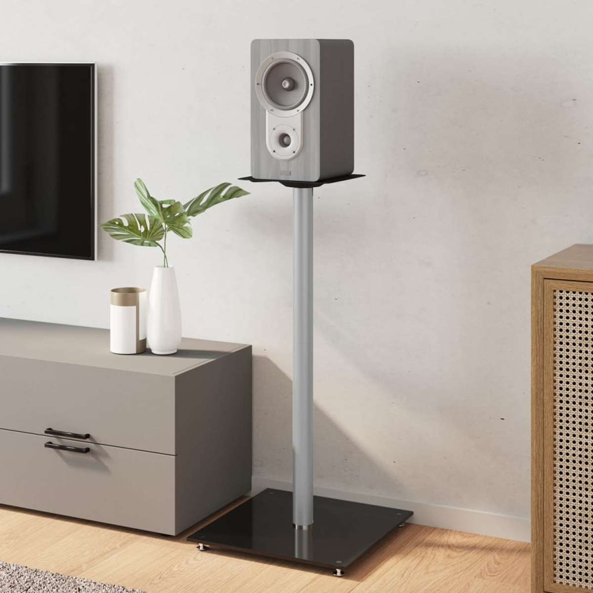 Ein Lautsprecher auf einem Ständer. Im Vordergrund ein grauer Schrank mit Vase, Pflanze und Fernseher links.