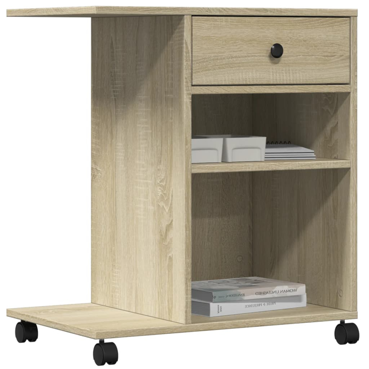 Ein rollbarer Wagen aus hellem Holz mit Schublade, Regalen und Seitenerweiterung. Er hat Bücher, Behälter und einen Notizblock auf den Regalen.