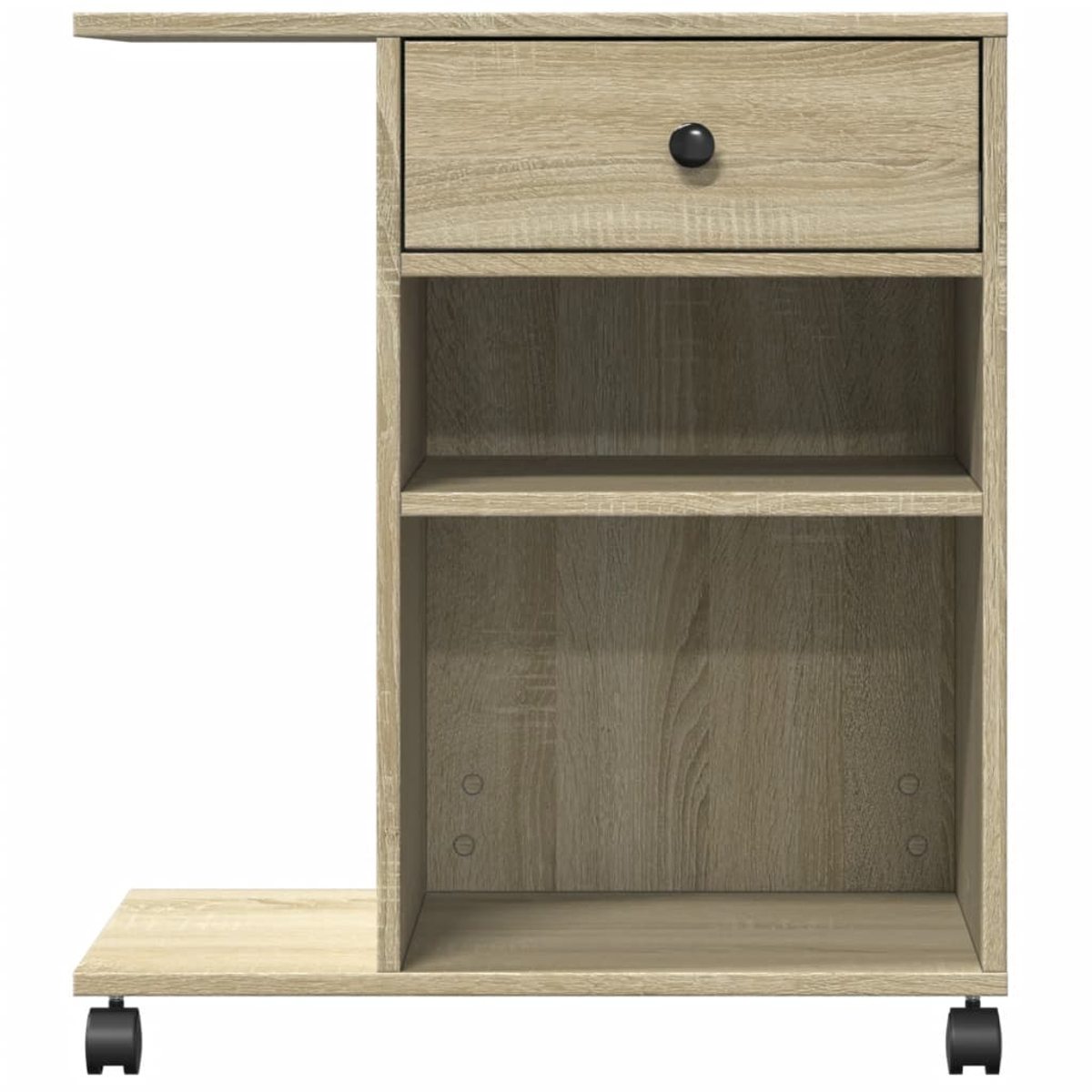 Ein Nachttisch aus hellem Holz mit Schublade, zwei Regalen und einer kleinen Tischverlängerung. Er hat Rollen für einfaches Bewegen.