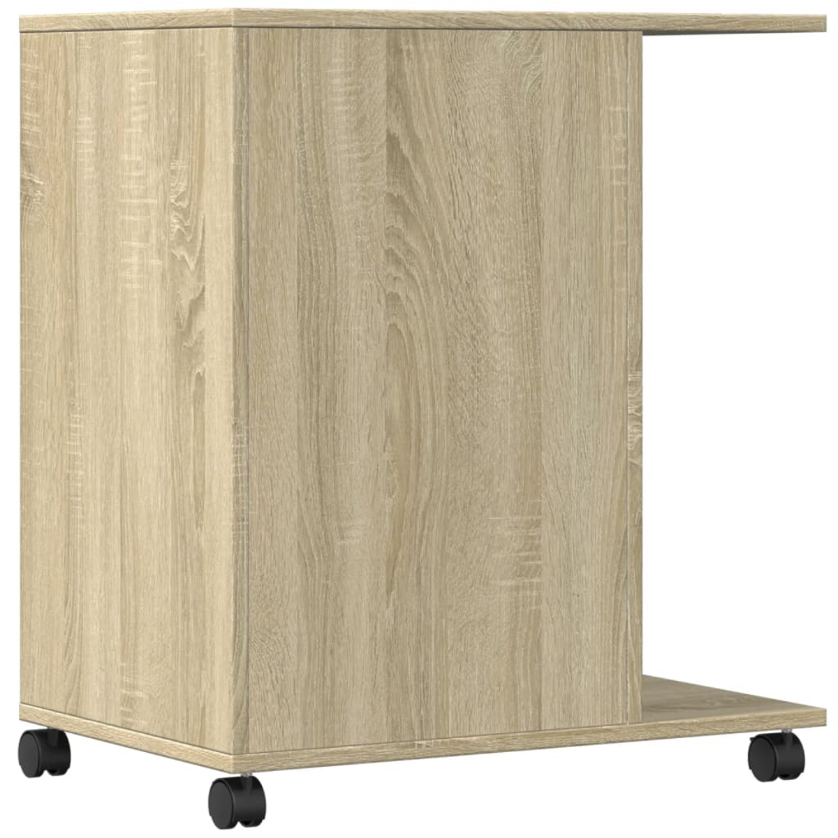 Ein Schrank mit hellbrauner Holzmaserung auf Rädern. Er hat eine rechteckige Form mit einer oberen und seitlichen Verlängerung.