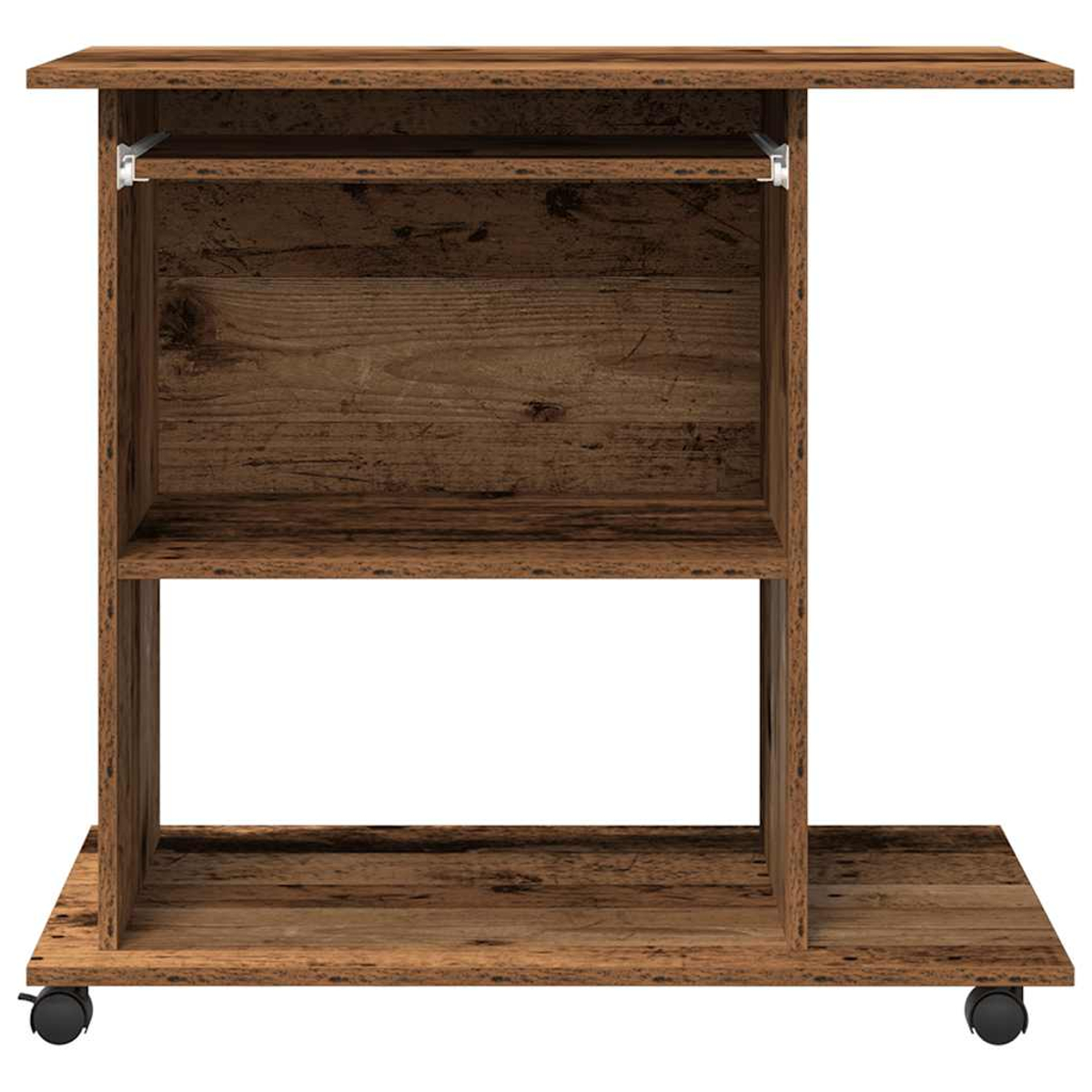 Ein brauner Beistelltisch aus Holz mit einem Regal, einer Schublade und Rollen. Es hat eine rechteckige Oberseite und eine Seitenerweiterung.