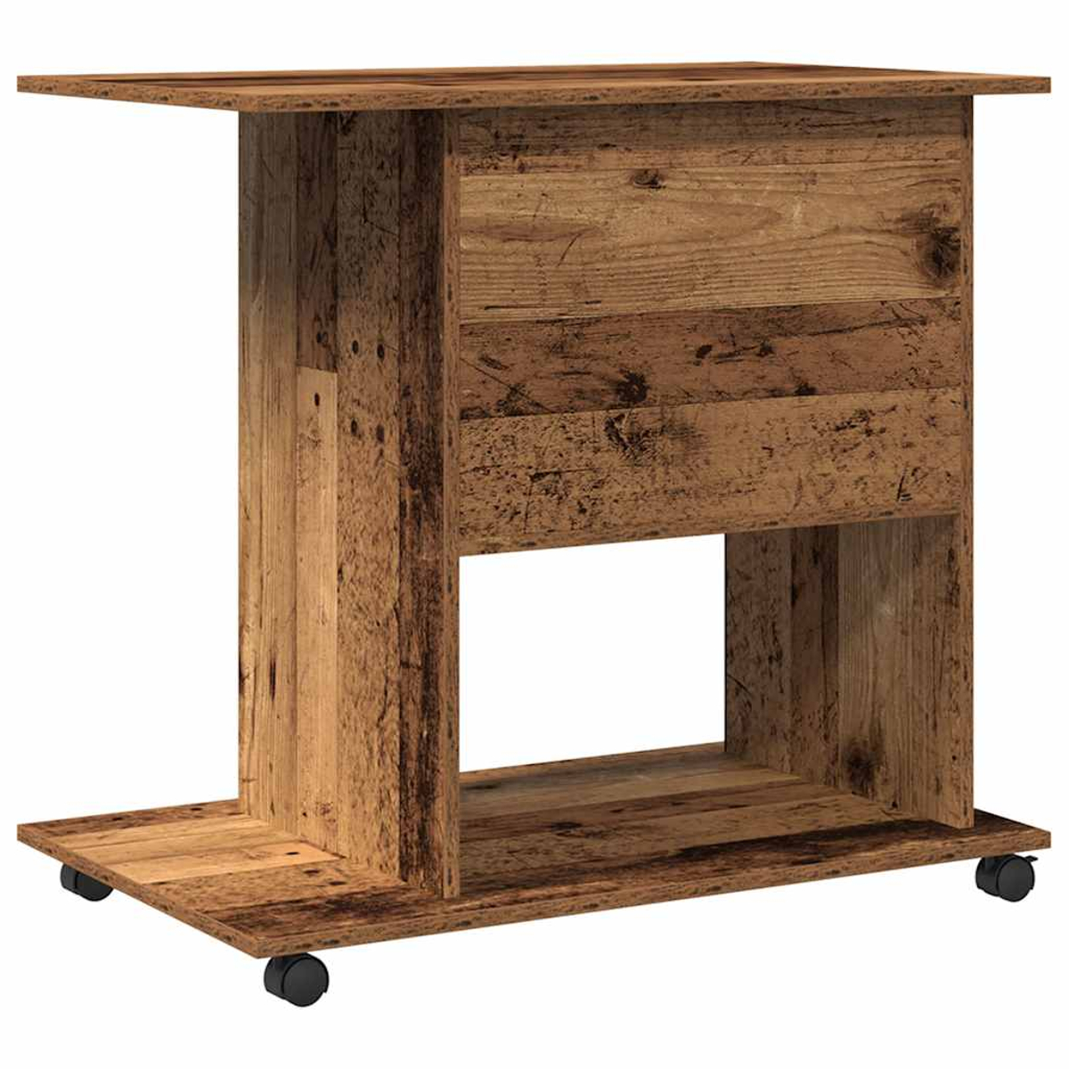 Rollender Holzschreibtisch mit rechteckiger Oberseite, zentralem Stauraum und offenem Bereich darunter. Er hat schwarze Räder.