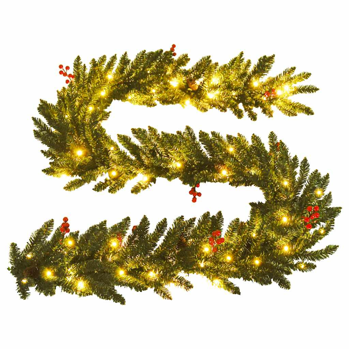 Eine dekorative Weihnachts-Girlande mit grünen Tannennadeln, roten Beeren und kleinen gelben Lichtern auf weißem Hintergrund.