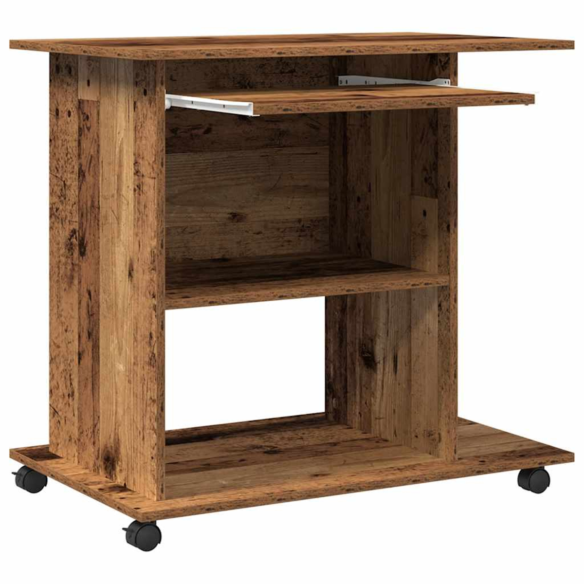 Ein brauner Computertisch aus Holz mit ausziehbarer Tastaturablage, einem Regal und Rädern. Das Holz hat ein strukturiertes, gealtertes Aussehen.