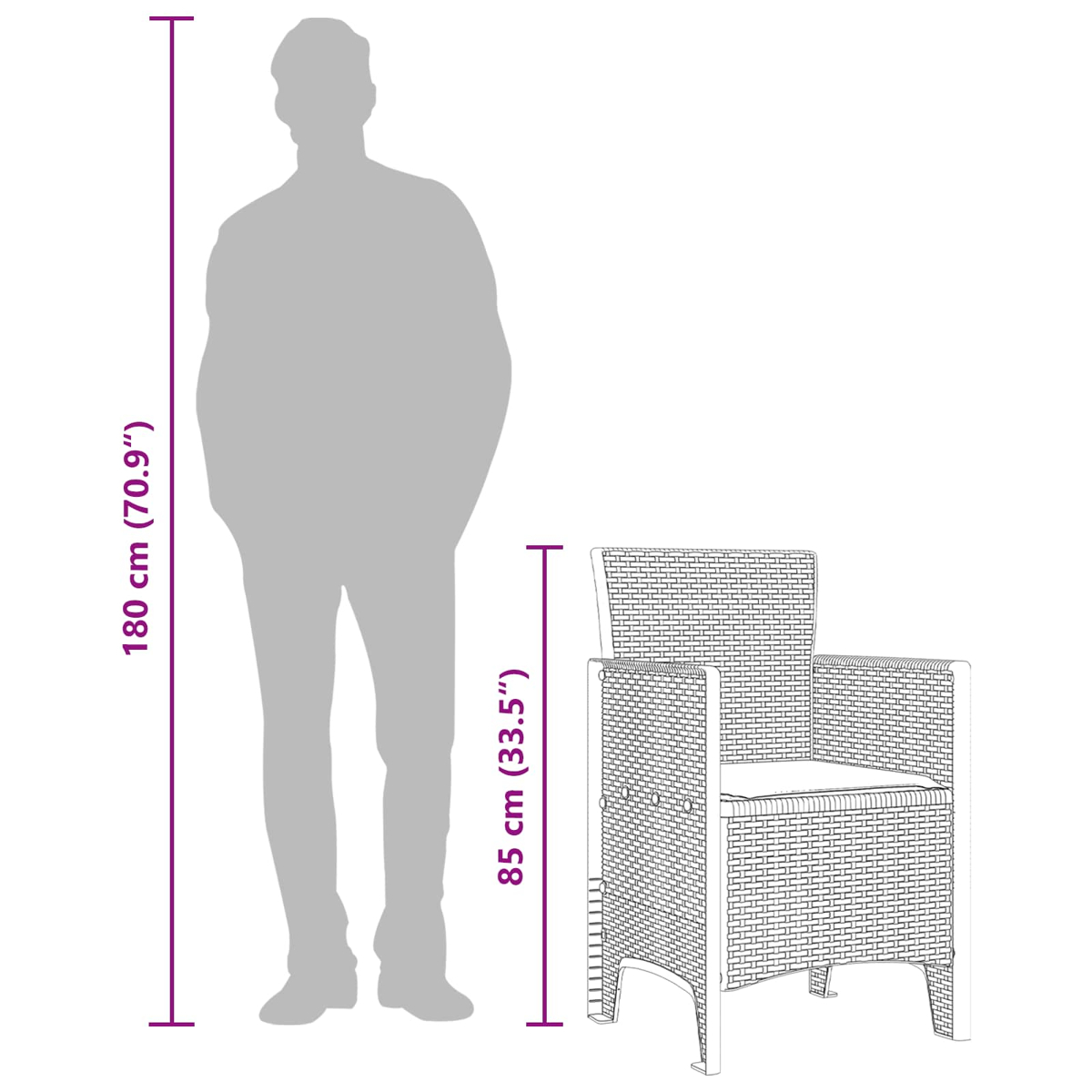 Eine Silhouette einer Person steht neben einem Korbstuhl. Maße: 180 cm (70,9") für die Körpergröße, 85 cm (33,5") für den Stuhl.