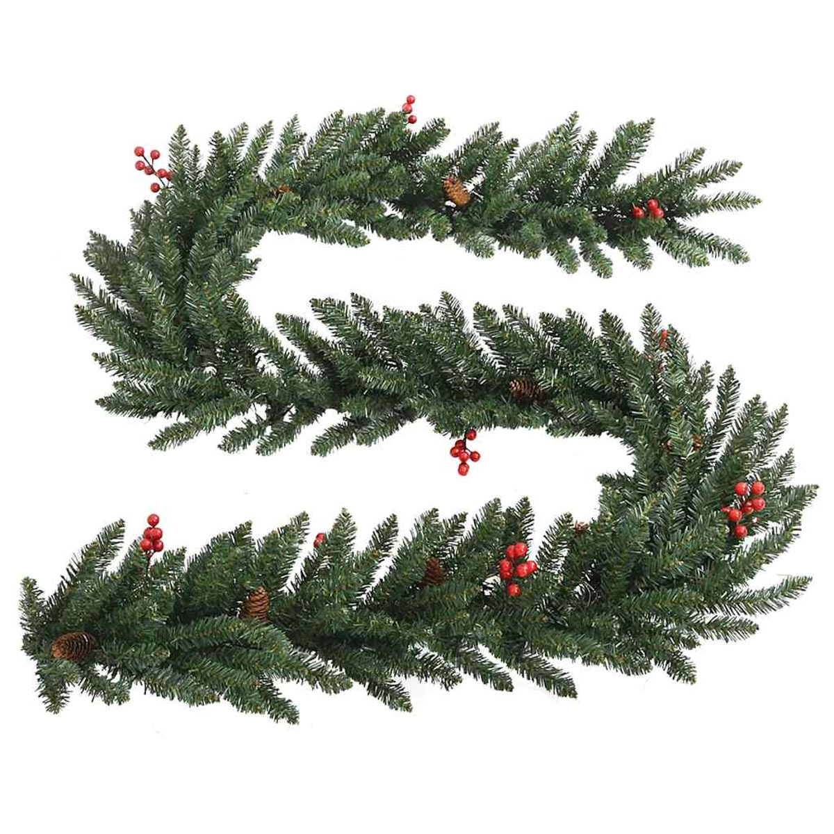 Ein grüner Girlande mit roten Beeren und Tannenzapfen, angeordnet in einer wellenförmigen Linie vor weißem Hintergrund.
