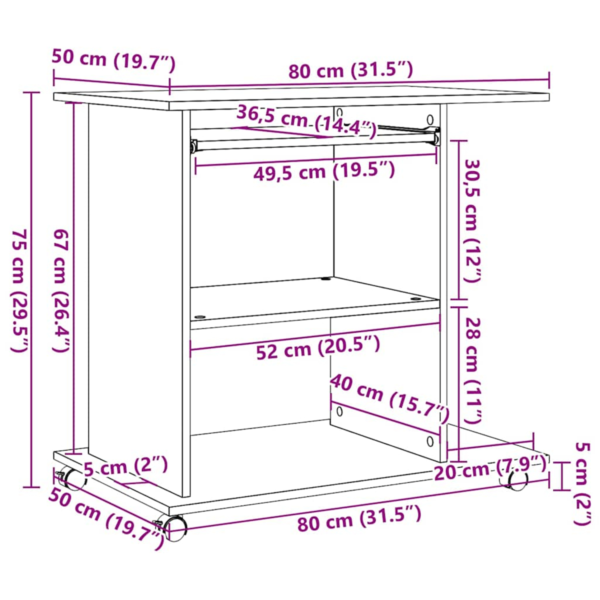 Ein weißer Schrank mit Abmessungen in Zentimetern und Zoll wird angezeigt. Er verfügt über eine Oberseite, Regale und Räder.